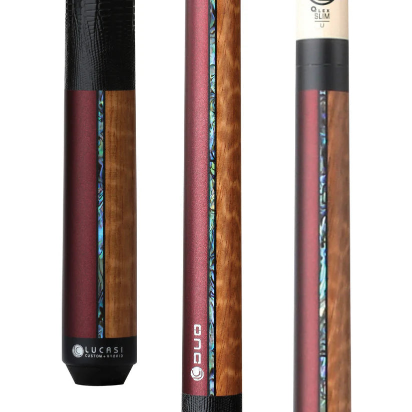 Lucasi Custom Duo Garnet Red and Apitong Pool Cue with Embossed Leather Wrap by Cue & Case