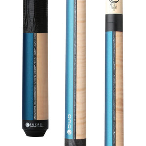 Lucasi Custom Duo Prussian Blue and Natural Birdseye Pool Cue with Embossed Leather Wrap by Cue & Case