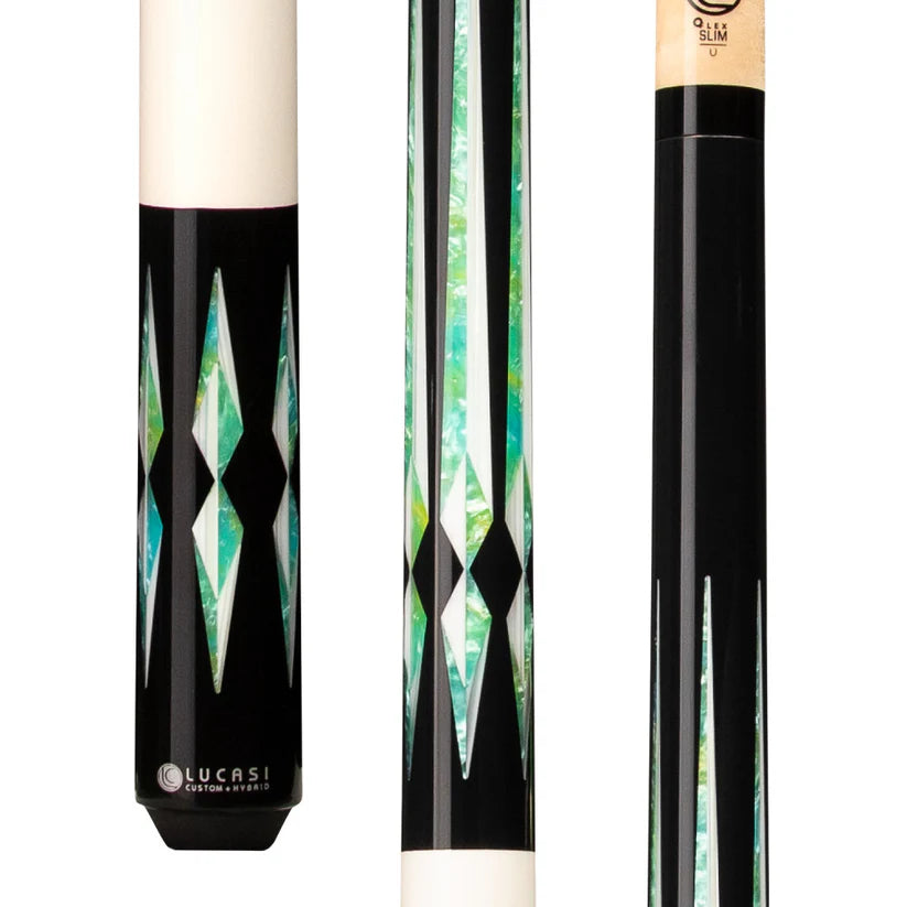 Lucasi Custom Black Pool Cue w/ Green-Blue Inlays and Wrapless Handle by Cue & Case