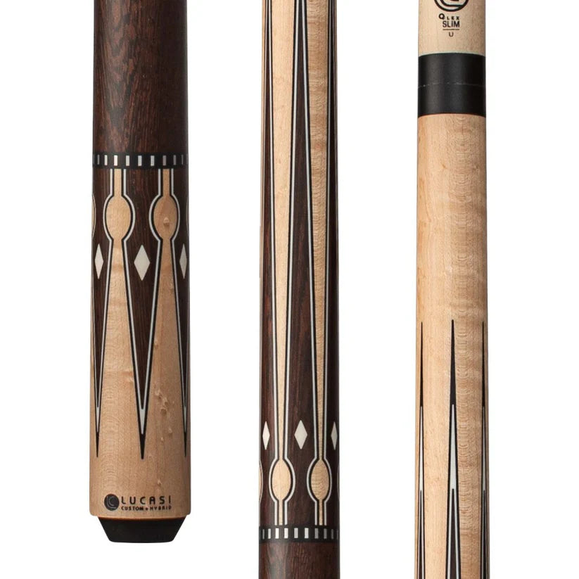 Lucasi Custom Matte Birdseye Maple Pool Cue with Black Palm and Imitation Bone Inlays by Cue & Case