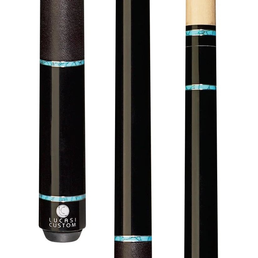 Lucasi Custom Midnight Black Pool Cue with Turquoise and Black Linen Wrap by Cue & Case