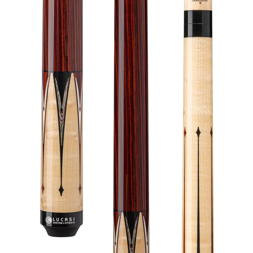 Lucasi Custom Natural Birdseye Maple Pool Cue with Black, White, and Mother-of-Pearl Inlays by Cue & Case