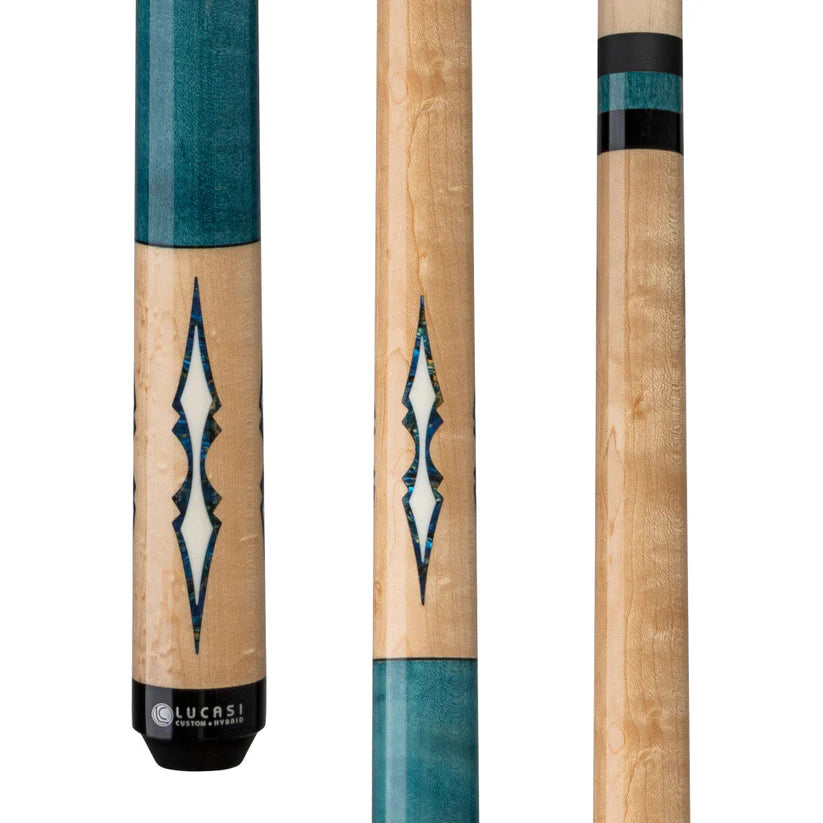 Lucasi Custom Walnut Birdseye Pool Cue with Aquamarine and Off-White Inlays by Cue & Case