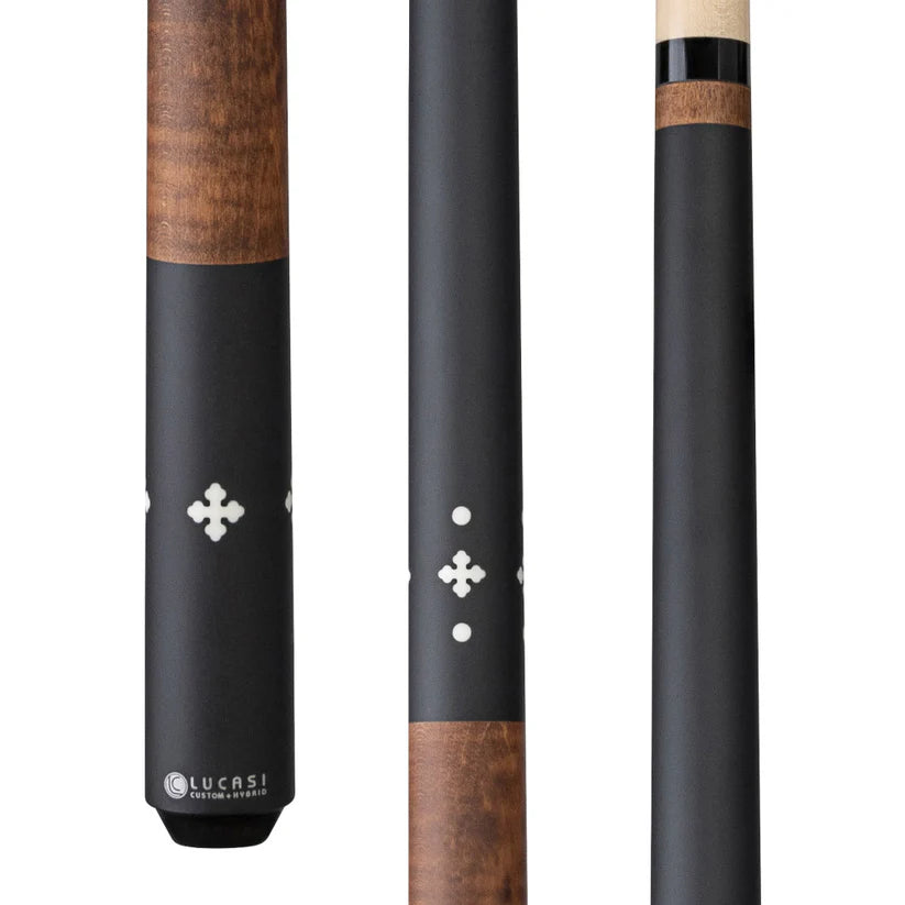 Lucasi Custom Walnut Curly Maple Pool Cue with Matte Black and Imitation Bone Inlays by Cue & Case