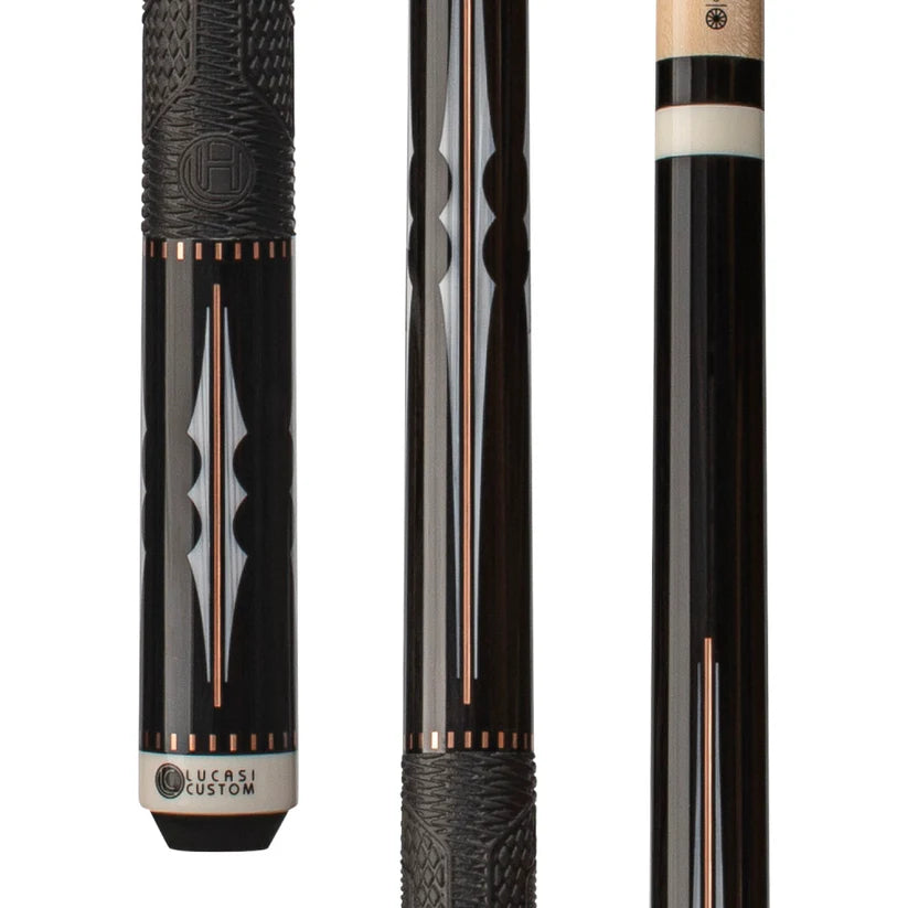 Lucasi Hybrid Pool Cue in Black with Imitation Bone and Rose Gold Inlays, Fusion G5 Grip by Cue & Case