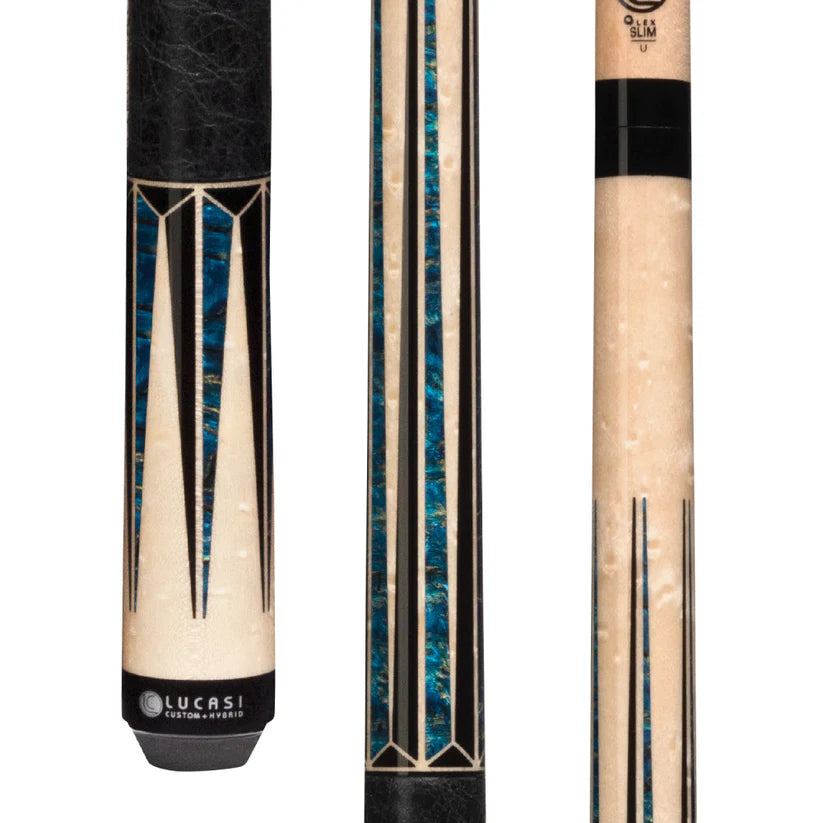 Lucasi LUX54 Pool Cue – Natural Birdseye Maple with Teal Inlays and Black Leather Wrap by Cue & Case