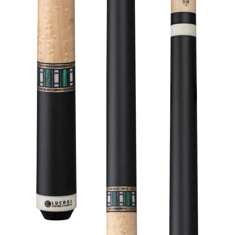 Lucasi LUX61 Pool Cue – Midnight Black with Custom Bocote and Malachite Inlays by Cue & Case