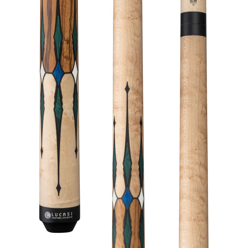 Lucasi LUX64 Pool Cue – Natural Birdseye Maple with Blue and Malachite Accents by Cue & Case