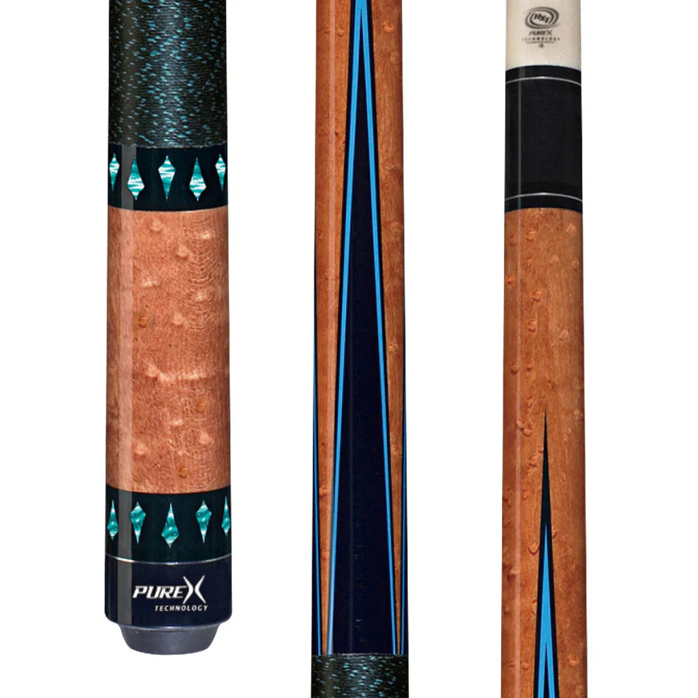 Pure X Birdseye Maple & Black/Turquoise Points Pool Cue w/ Black Linen Wrap