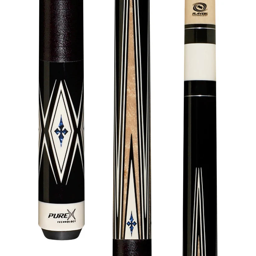 Pure X Black and Natural Maple Pool Cue w/ Cobalt Blue Inlays and Black Linen Wrap