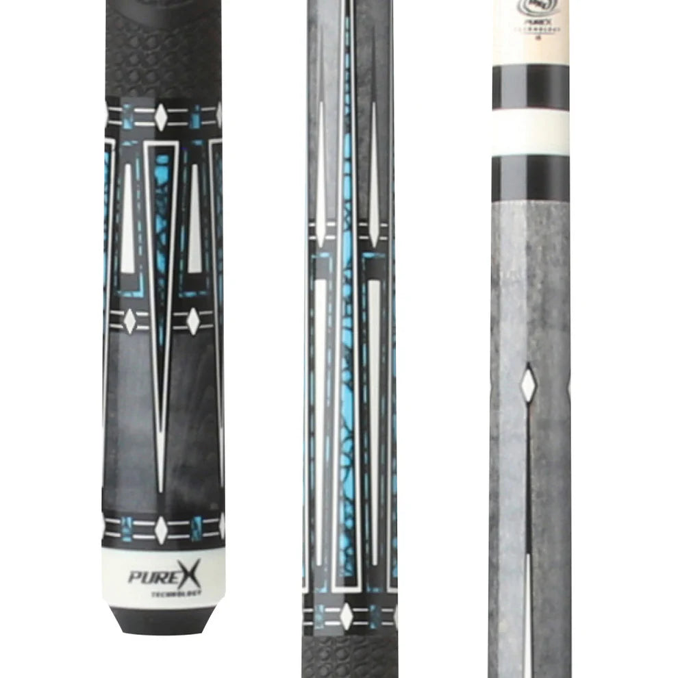 Pure X Grey Stained Curly Maple/Imitation Bone & Blue Recon Graphic Pool Cue w/ MZ Grip